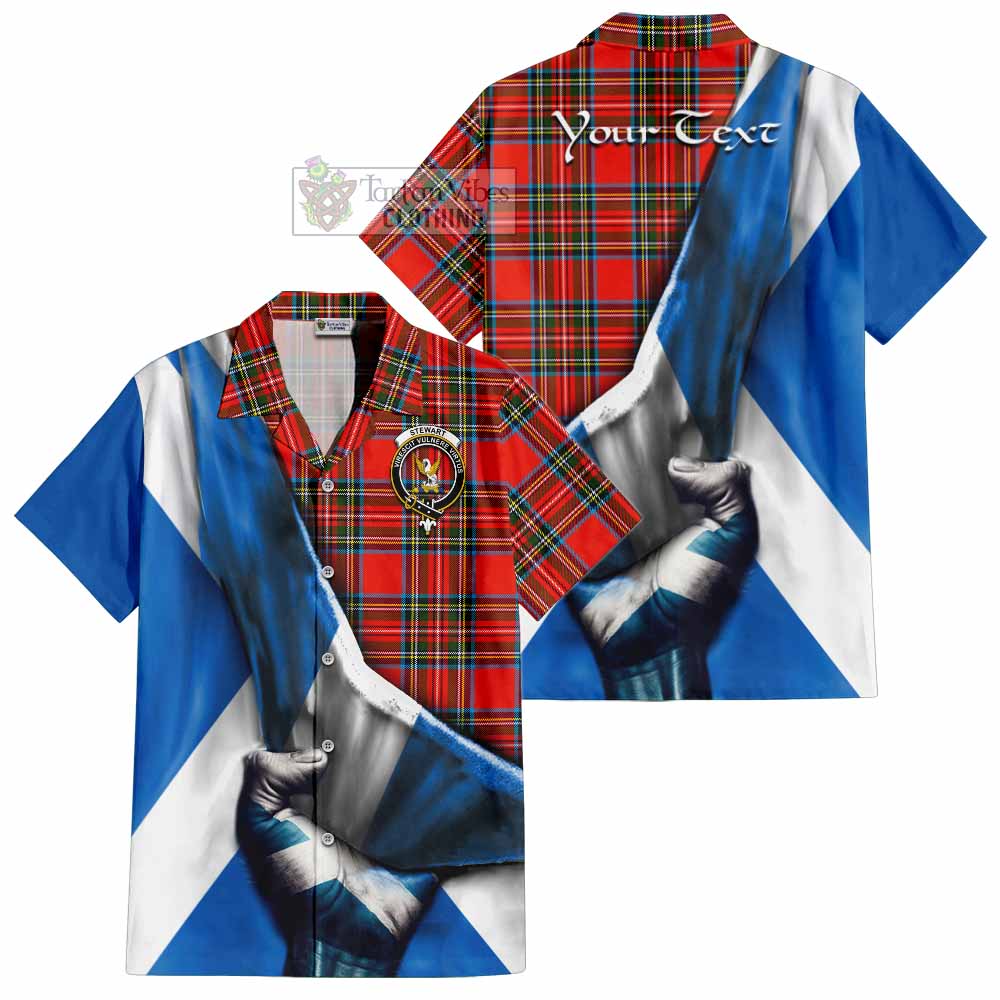 Tartan Vibes Clothing Stewart (Stuart) Tartan Short Sleeve Button Shirt with Family Crest Scotland Patriotic Style