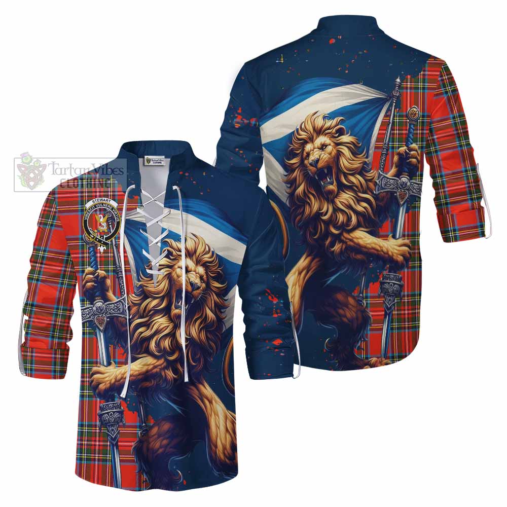 Tartan Vibes Clothing Stewart (Stuart) Tartan Family Crest Ghillie Kilt Shirt with Scottish Majestic Lion