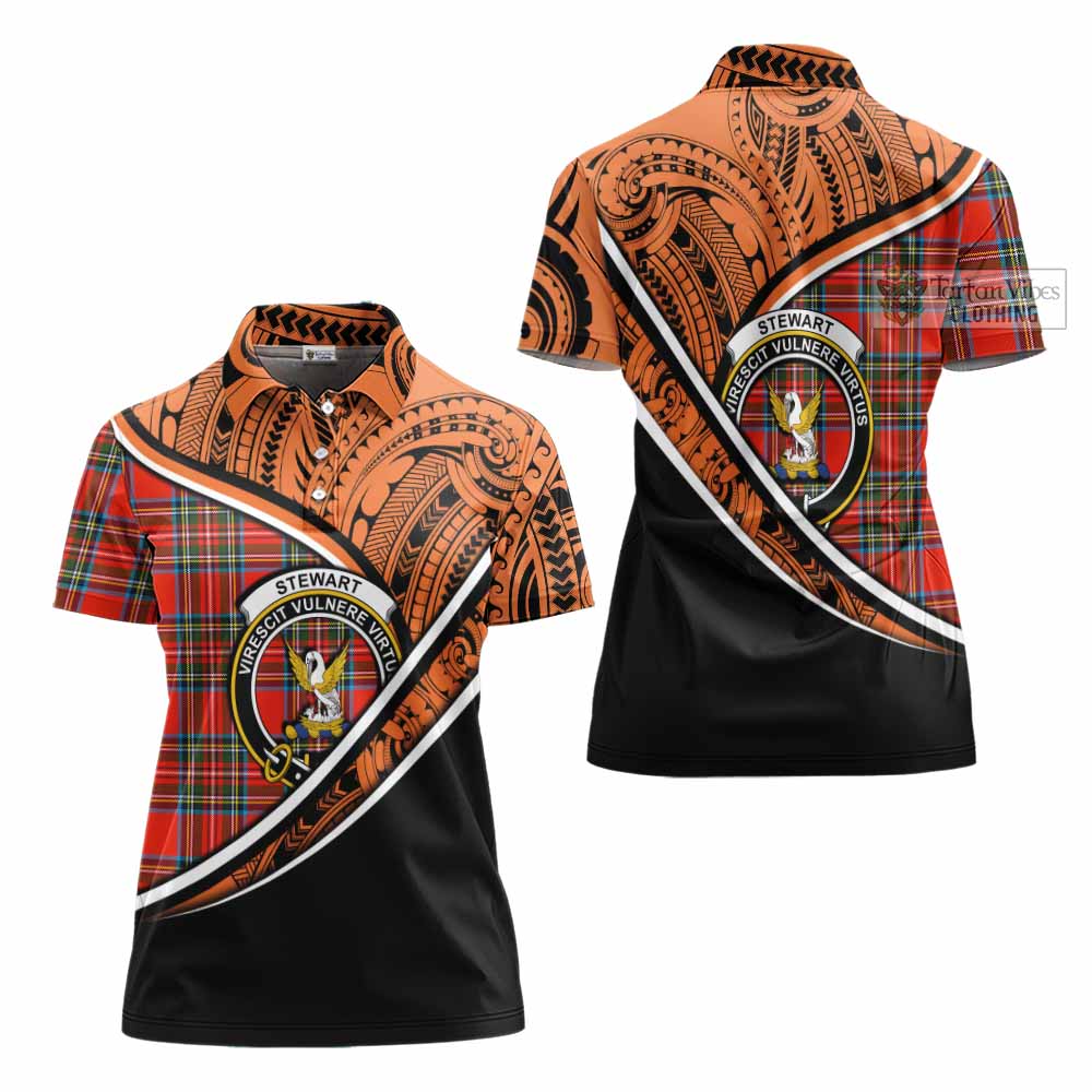 Tartan Vibes Clothing Stewart (Stuart) Crest Tartan Women's Polo Shirt with Maori Tattoo Style - Orange Version