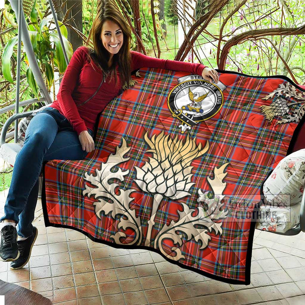 Tartan Vibes Clothing Stewart (Stuart) Tartan Quilt with Family Crest and Golden Thistle Style