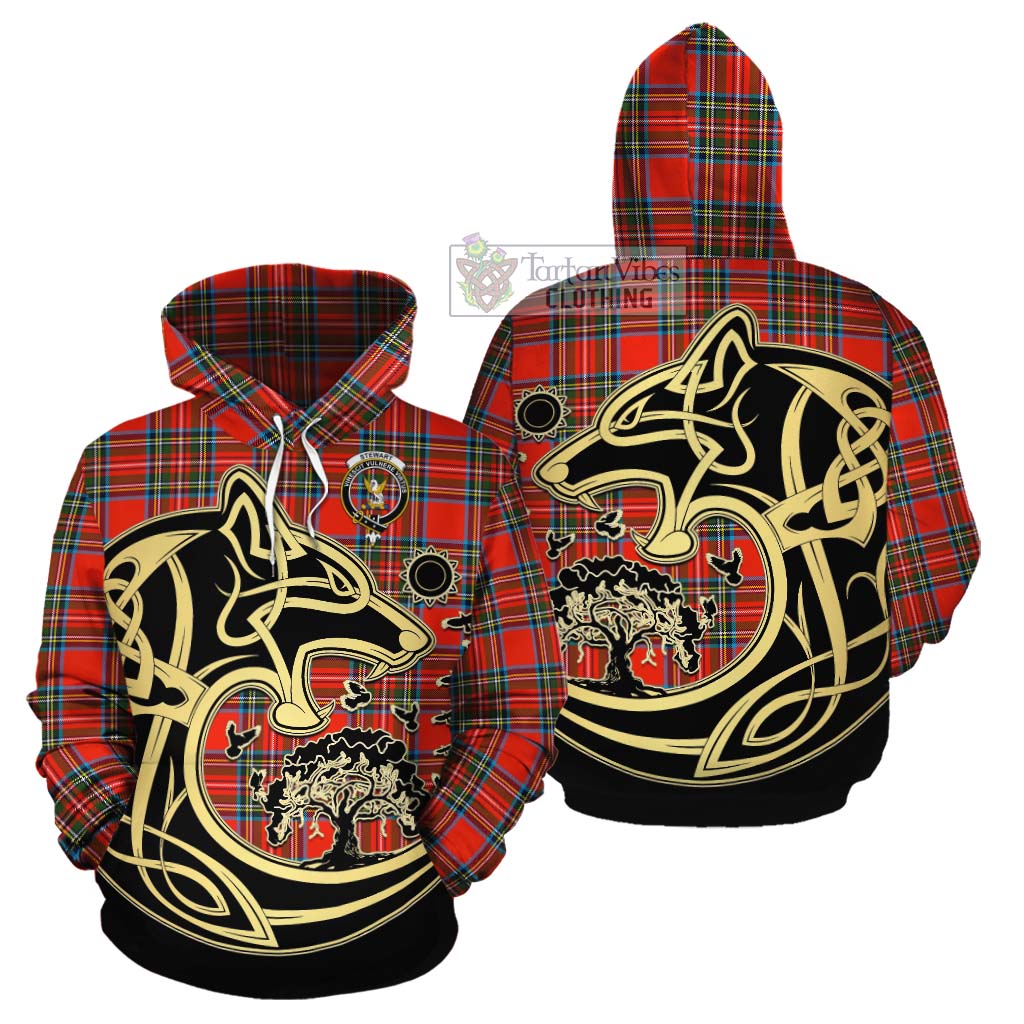 Tartan Vibes Clothing Stewart (Stuart) Tartan Cotton Hoodie with Family Crest Celtic Wolf Style