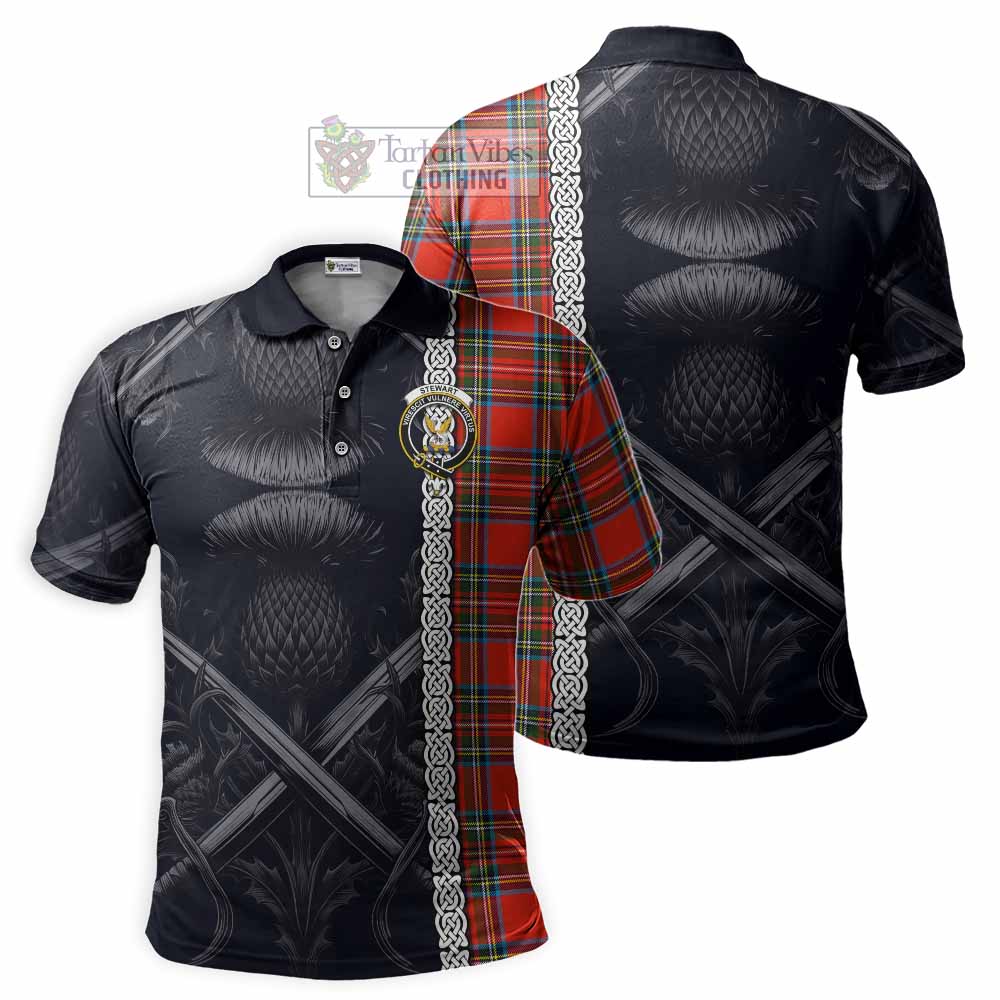 Tartan Vibes Clothing Stewart (Stuart) Tartan Polo Shirt with Family Crest Cross Sword Thistle Celtic Vibes