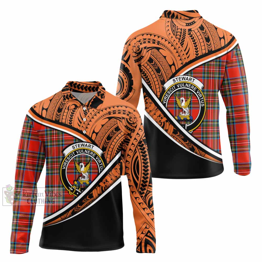 Tartan Vibes Clothing Stewart (Stuart) Crest Tartan Long Sleeve Polo Shirt with Maori Tattoo Style - Orange Version