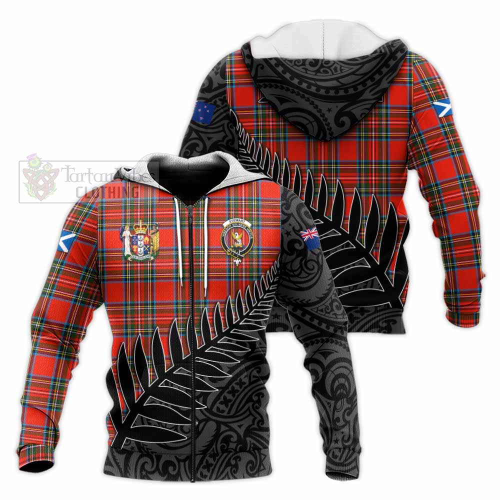 Tartan Vibes Clothing Stewart (Stuart) Crest Tartan Knitted Hoodie with New Zealand Silver Fern Half Style