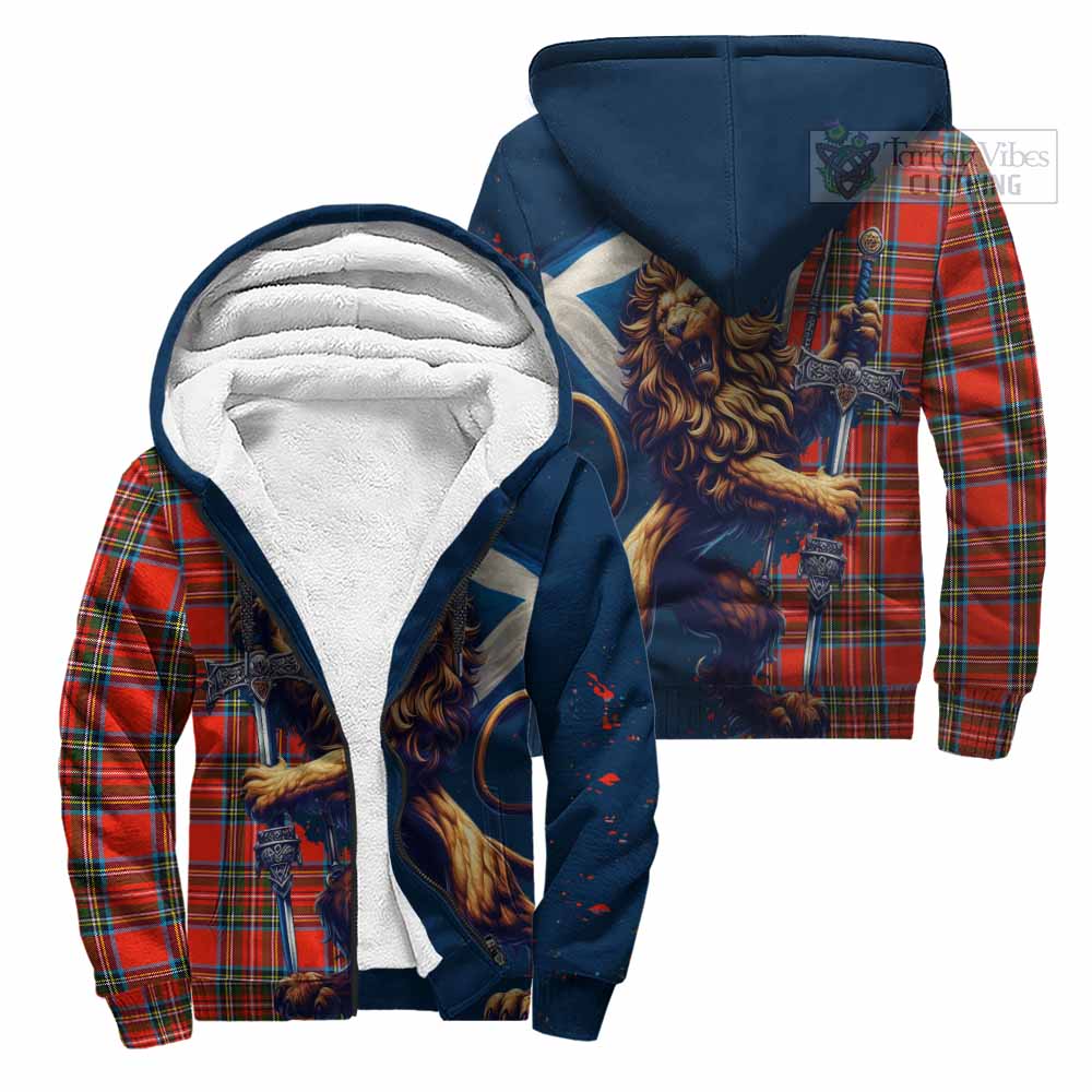 Tartan Vibes Clothing Stewart (Stuart) Tartan Family Crest Sherpa Hoodie with Scottish Majestic Lion