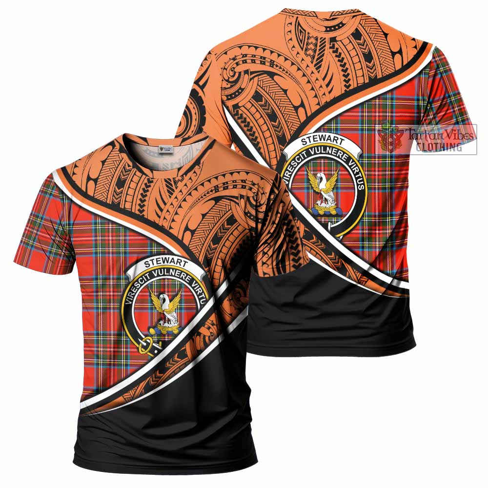 Tartan Vibes Clothing Stewart (Stuart) Crest Tartan T-Shirt with Maori Tattoo Style - Orange Version