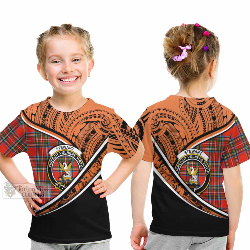 Tartan Vibes Clothing Stewart (Stuart) Crest Tartan Kid T-Shirt with Maori Tattoo Style - Orange Version