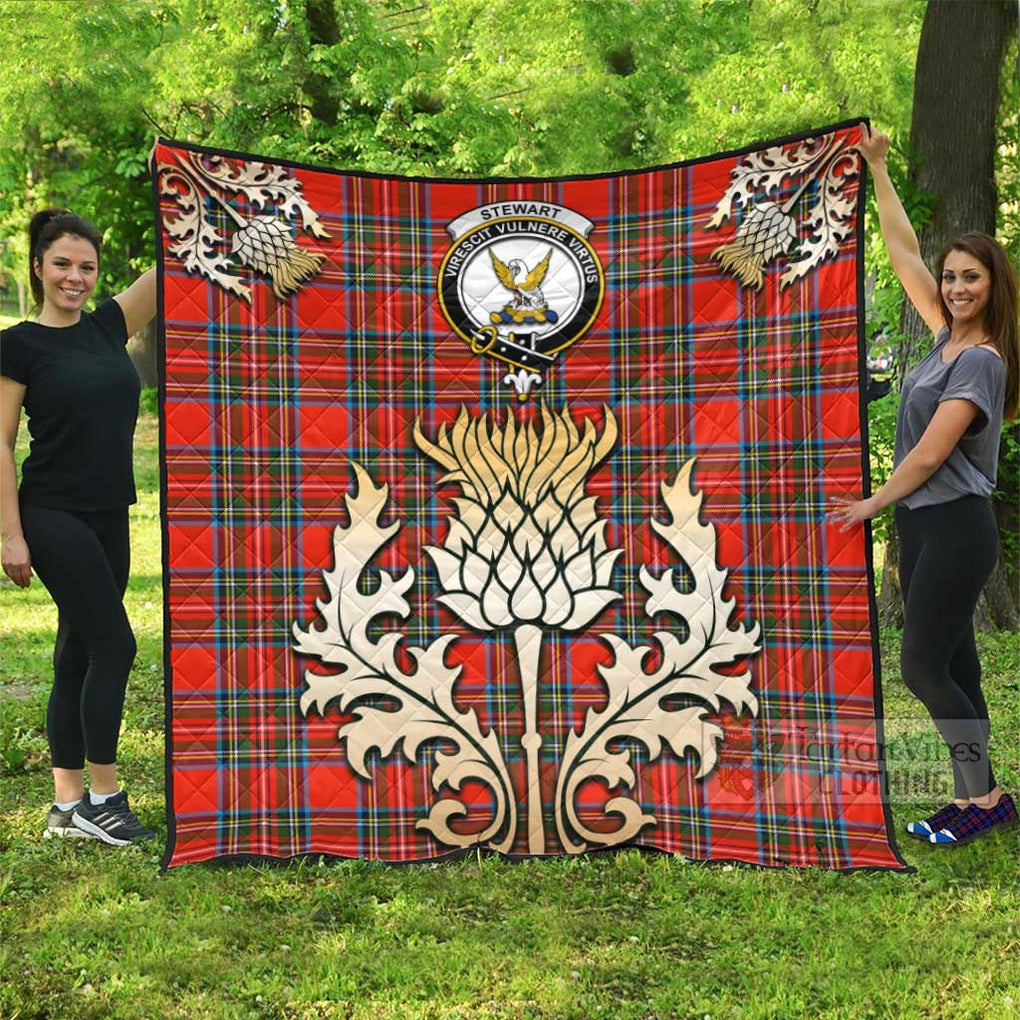 Tartan Vibes Clothing Stewart (Stuart) Tartan Quilt with Family Crest and Golden Thistle Style