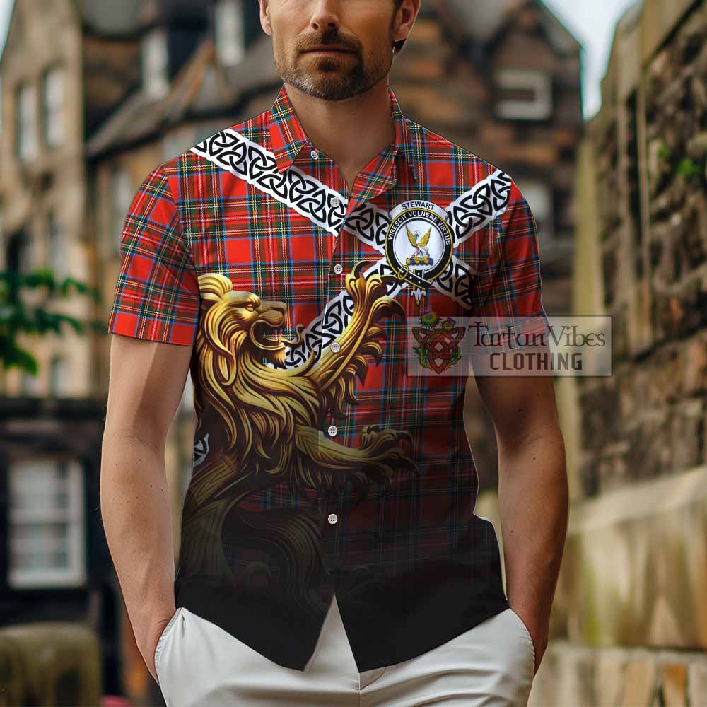 Stewart (Stuart) Crest Tartan Hawaiian Shirt with Golden Lion Emblem Celtic Style - Tartan Vibes Clothing