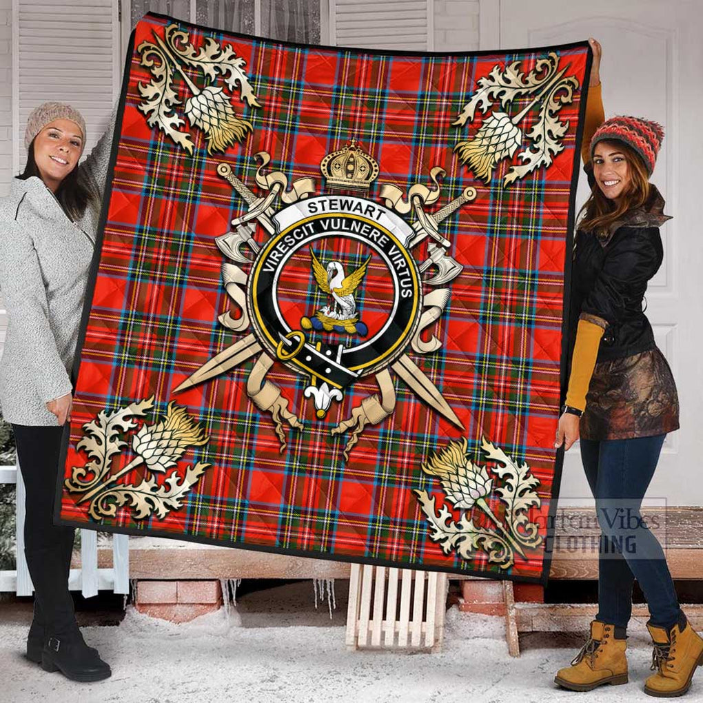 Tartan Vibes Clothing Stewart (Stuart) Tartan Quilt with Family Crest and Scottish Golden Courage Shield