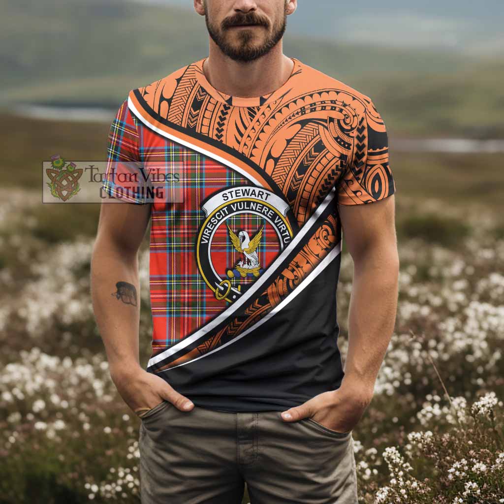 Tartan Vibes Clothing Stewart (Stuart) Crest Tartan T-Shirt with Maori Tattoo Style - Orange Version