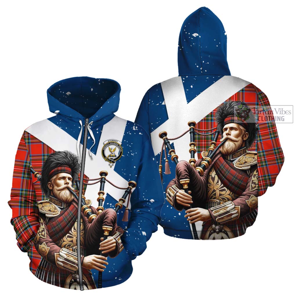 Tartan Vibes Clothing Stewart (Stuart) Tartan Cotton Hoodie with Family Crest Scottish Bagpiper Vibes