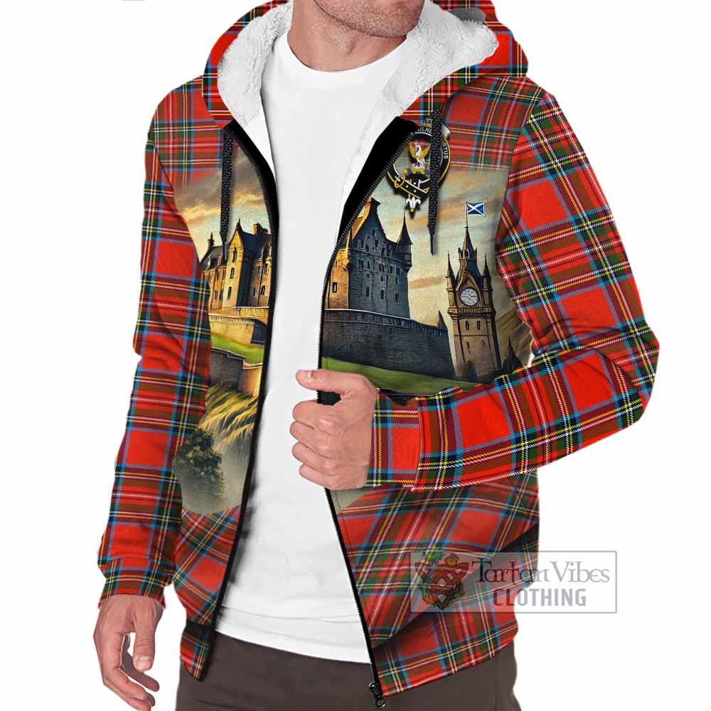 Stewart (Stuart) Tartan Family Crest Sherpa Hoodie with Scottish Ancient Castle Style - Tartan Vibes Clothing