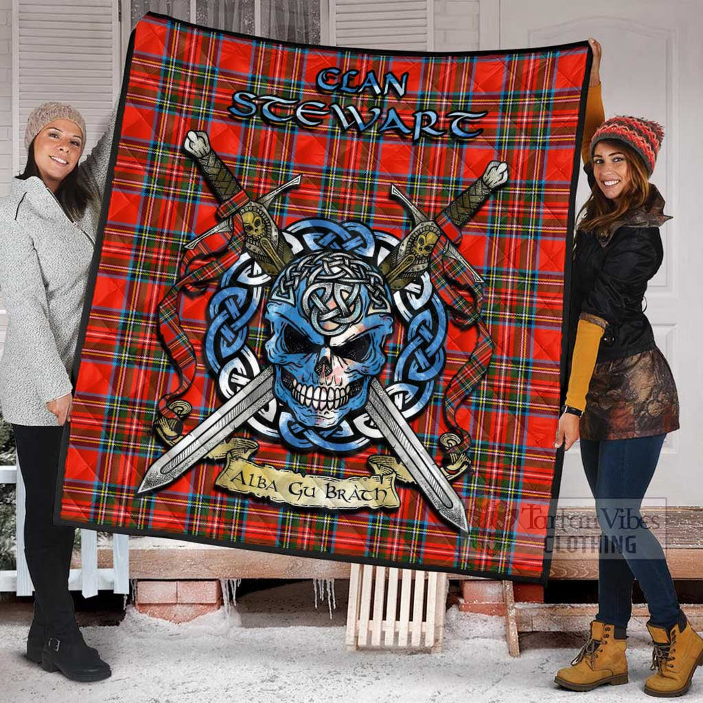 Tartan Vibes Clothing Stewart (Stuart) Tartan Quilt with Celtic Skull Alba Gu Brath Style