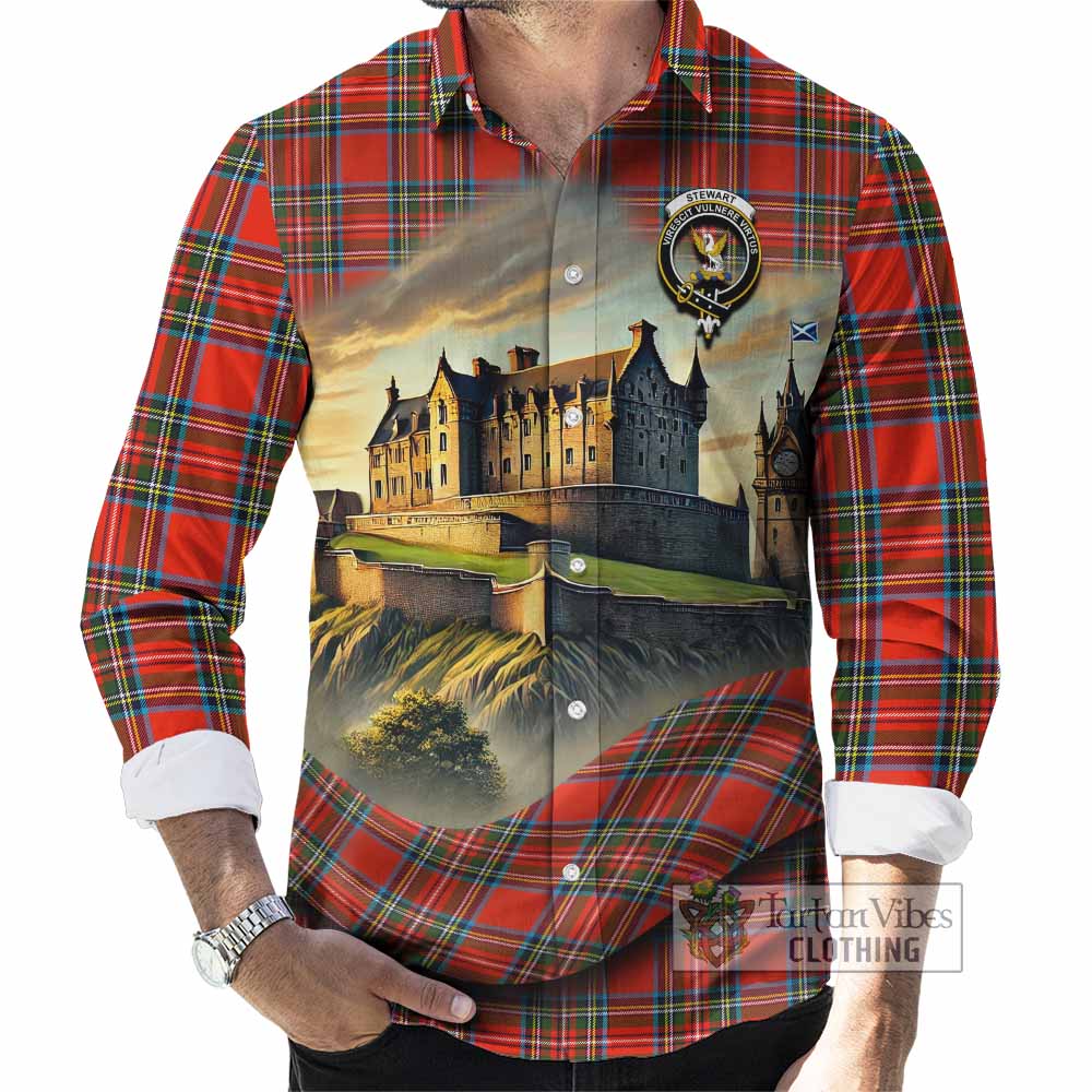 Stewart (Stuart) Tartan Family Crest Long Sleeve Button Shirt with Scottish Ancient Castle Style - Tartan Vibes Clothing