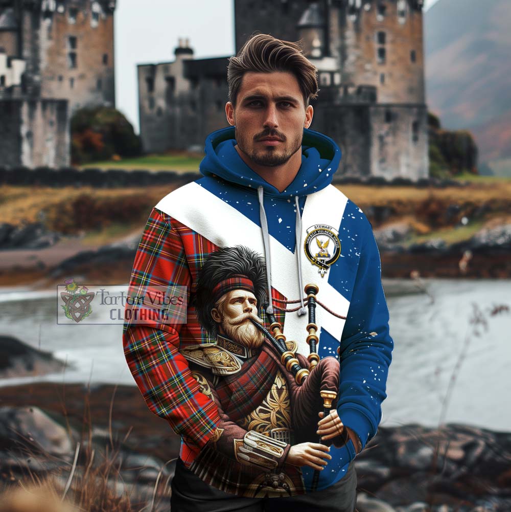 Tartan Vibes Clothing Stewart (Stuart) Tartan Cotton Hoodie with Family Crest Scottish Bagpiper Vibes