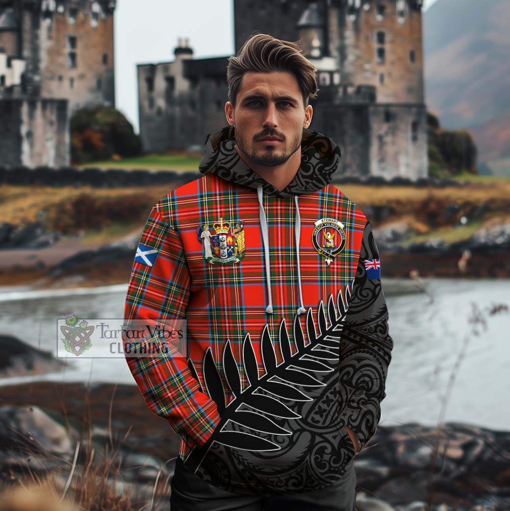 Tartan Vibes Clothing Stewart (Stuart) Crest Tartan Cotton Hoodie with New Zealand Silver Fern Half Style