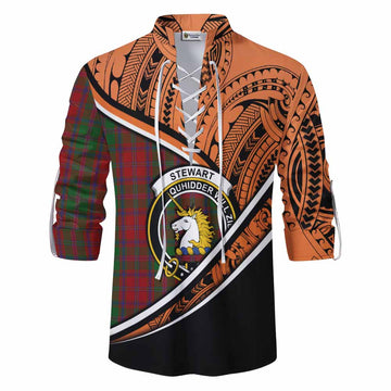 Stewart (Stuart) of Appin Crest Tartan Ghillie Kilt Shirt with Polynesian Vibes Style - Orange Version