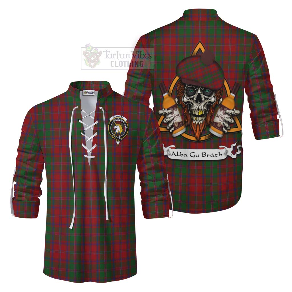 Tartan Vibes Clothing Stewart (Stuart) of Appin Tartan Ghillie Kilt Shirt with Family Crest and Bearded Skull Holding Bottles of Whiskey