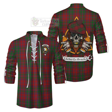 Stewart (Stuart) of Appin Tartan Ghillie Kilt Shirt with Family Crest and Bearded Skull Holding Bottles of Whiskey