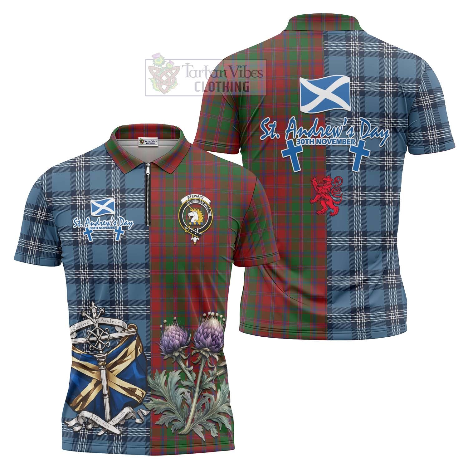 Tartan Vibes Clothing Stewart (Stuart) of Appin Tartan Zipper Polo Shirt Happy St. Andrew's Day Half Tartan Style