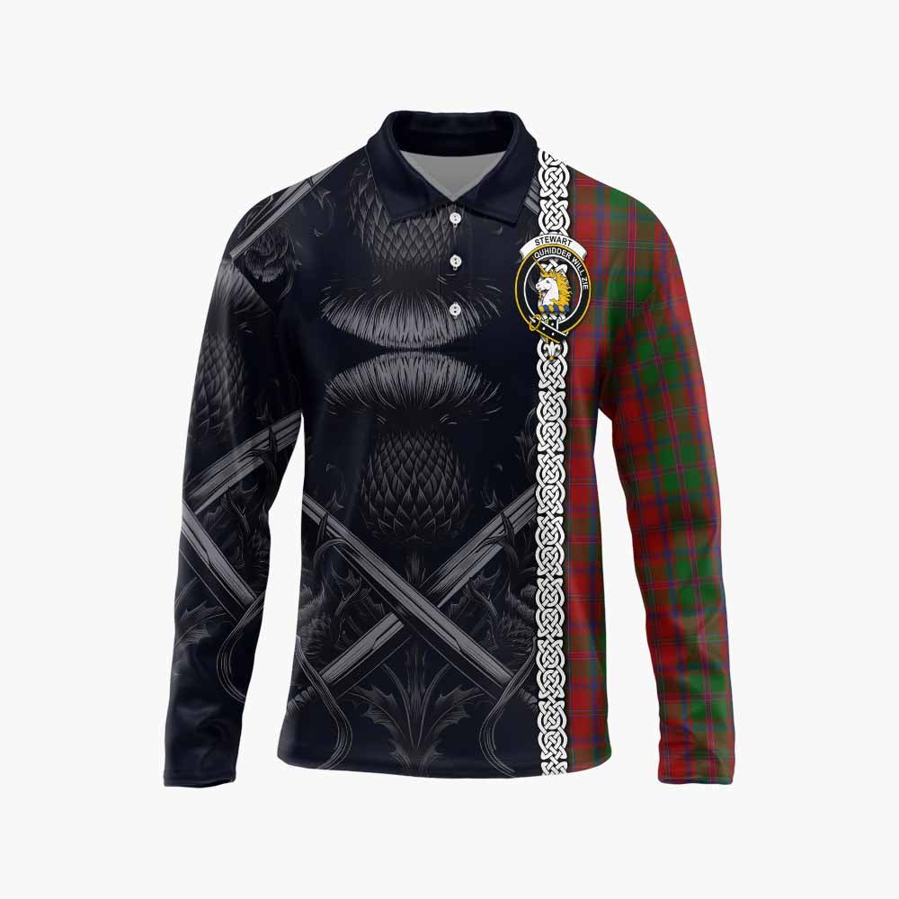 Tartan Vibes Clothing Stewart (Stuart) of Appin Tartan Long Sleeve Polo Shirt with Family Crest Cross Sword Thistle Celtic Vibes