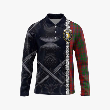 Stewart (Stuart) of Appin Tartan Long Sleeve Polo Shirt with Family Crest Cross Sword Thistle Celtic Vibes