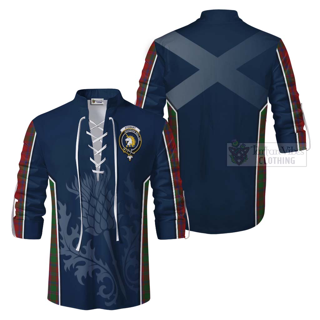 Tartan Vibes Clothing Stewart (Stuart) of Appin Tartan Ghillie Kilt Shirt with Family Crest and Scottish Thistle Vibes Sport Style