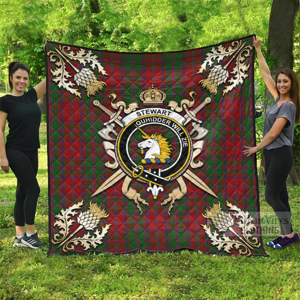 Tartan Vibes Clothing Stewart (Stuart) of Appin Tartan Quilt with Family Crest and Scottish Golden Courage Shield