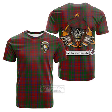 Stewart (Stuart) of Appin Tartan Cotton T-shirt with Family Crest and Bearded Skull Holding Bottles of Whiskey