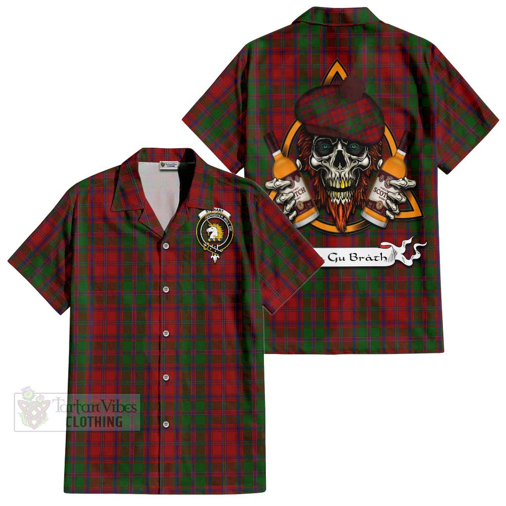 Tartan Vibes Clothing Stewart (Stuart) of Appin Tartan Short Sleeve Button Shirt with Family Crest and Bearded Skull Holding Bottles of Whiskey