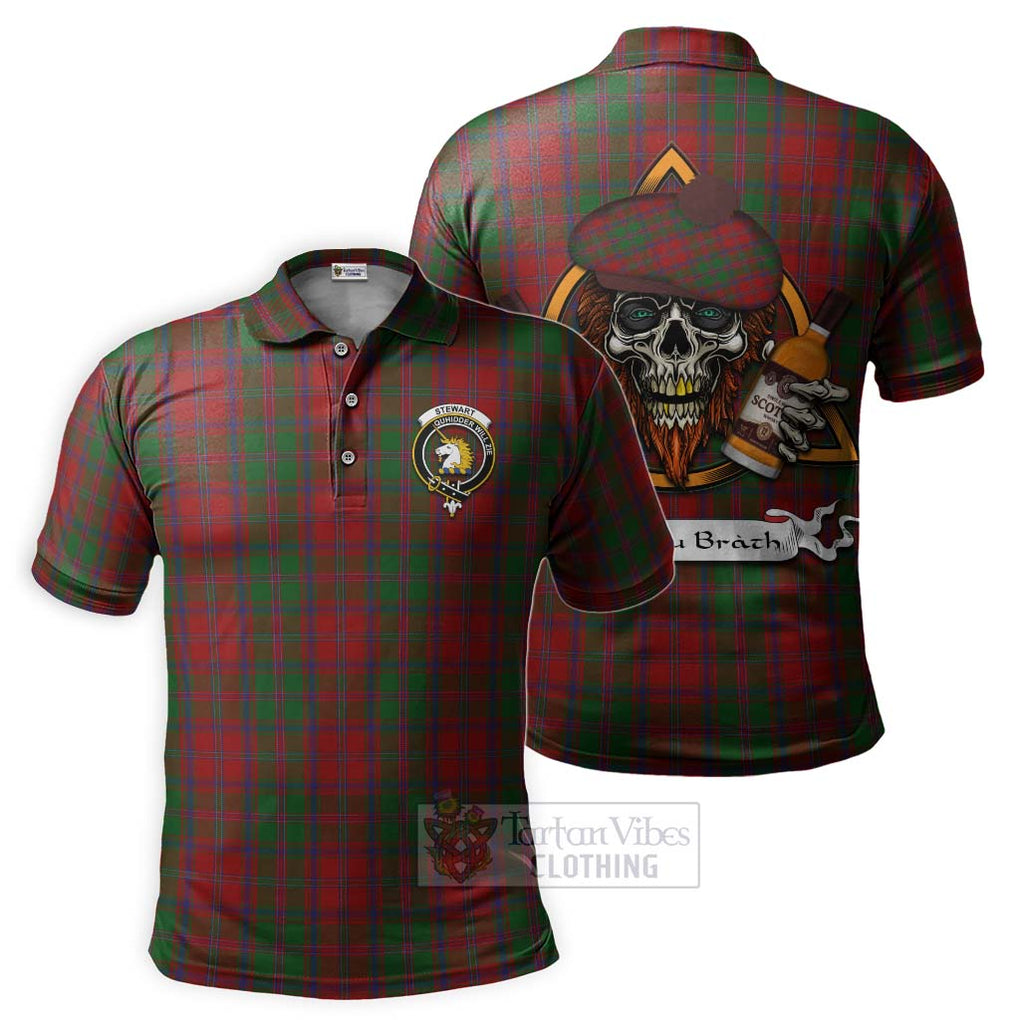 Tartan Vibes Clothing Stewart (Stuart) of Appin Tartan Polo Shirt with Family Crest and Bearded Skull Holding Bottles of Whiskey