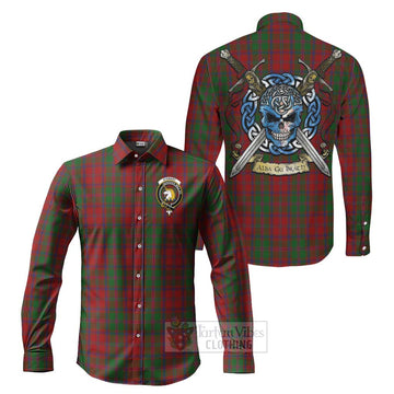 Stewart (Stuart) of Appin Tartan Long Sleeve Button Shirt with Family Crest Celtic Skull Style Men's Shirt S - Tartan Vibes Clothing