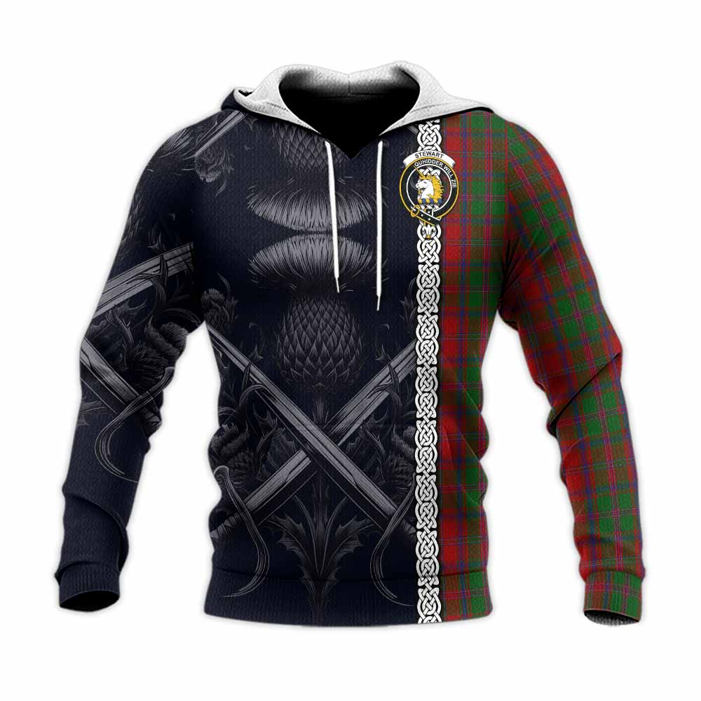 Tartan Vibes Clothing Stewart (Stuart) of Appin Tartan Knitted Hoodie with Family Crest Cross Sword Thistle Celtic Vibes