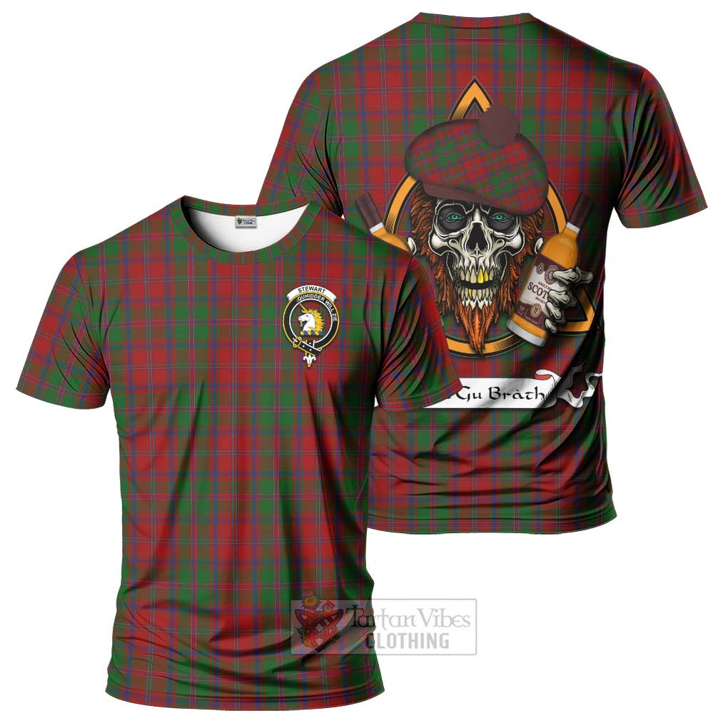 Tartan Vibes Clothing Stewart (Stuart) of Appin Tartan T-Shirt with Family Crest and Bearded Skull Holding Bottles of Whiskey