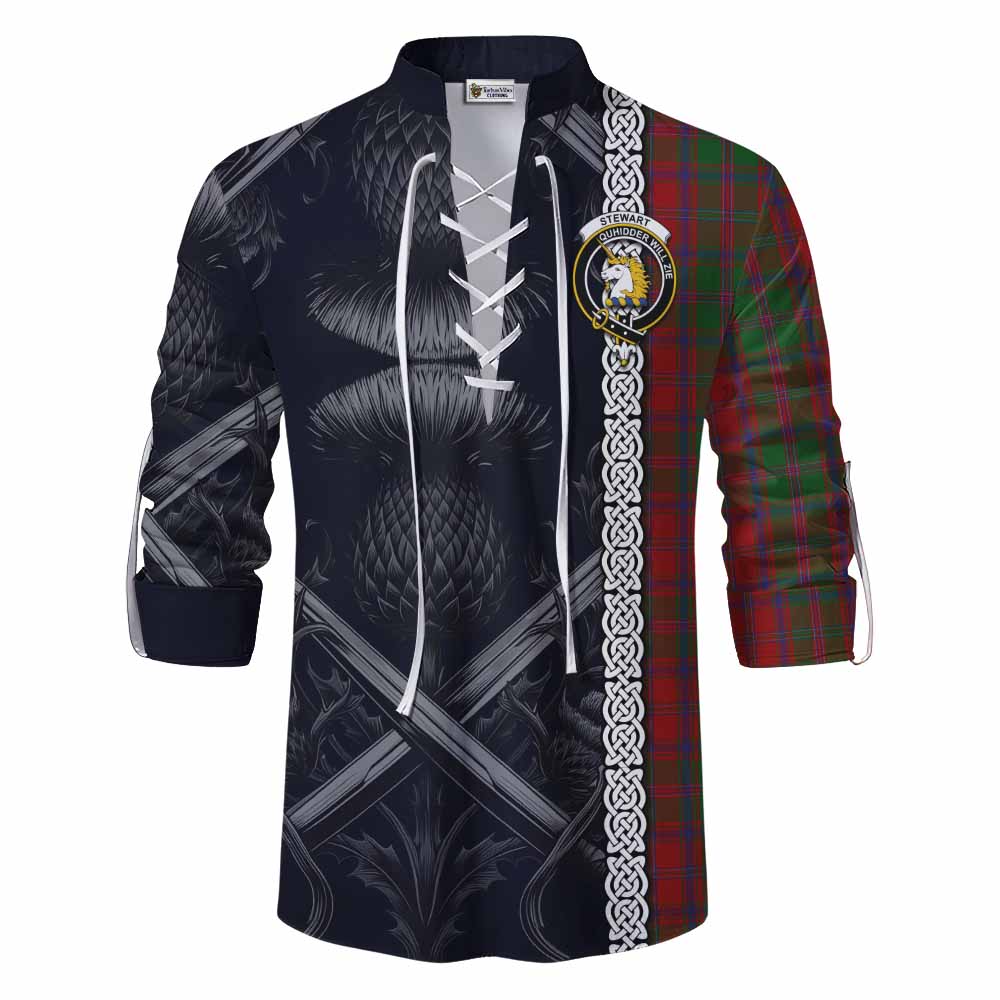 Tartan Vibes Clothing Stewart (Stuart) of Appin Tartan Ghillie Kilt Shirt with Family Crest Cross Sword Thistle Celtic Vibes