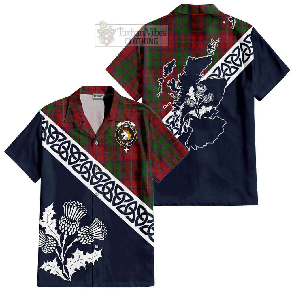 Tartan Vibes Clothing Stewart (Stuart) of Appin Tartan Short Sleeve Button Shirt Featuring Thistle and Scotland Map