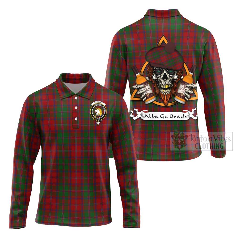 Tartan Vibes Clothing Stewart (Stuart) of Appin Tartan Long Sleeve Polo Shirt with Family Crest and Bearded Skull Holding Bottles of Whiskey