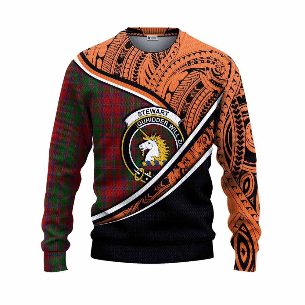 Tartan Vibes Clothing Stewart (Stuart) of Appin Crest Tartan Knitted Sweater with Maori Tattoo Style - Orange Version