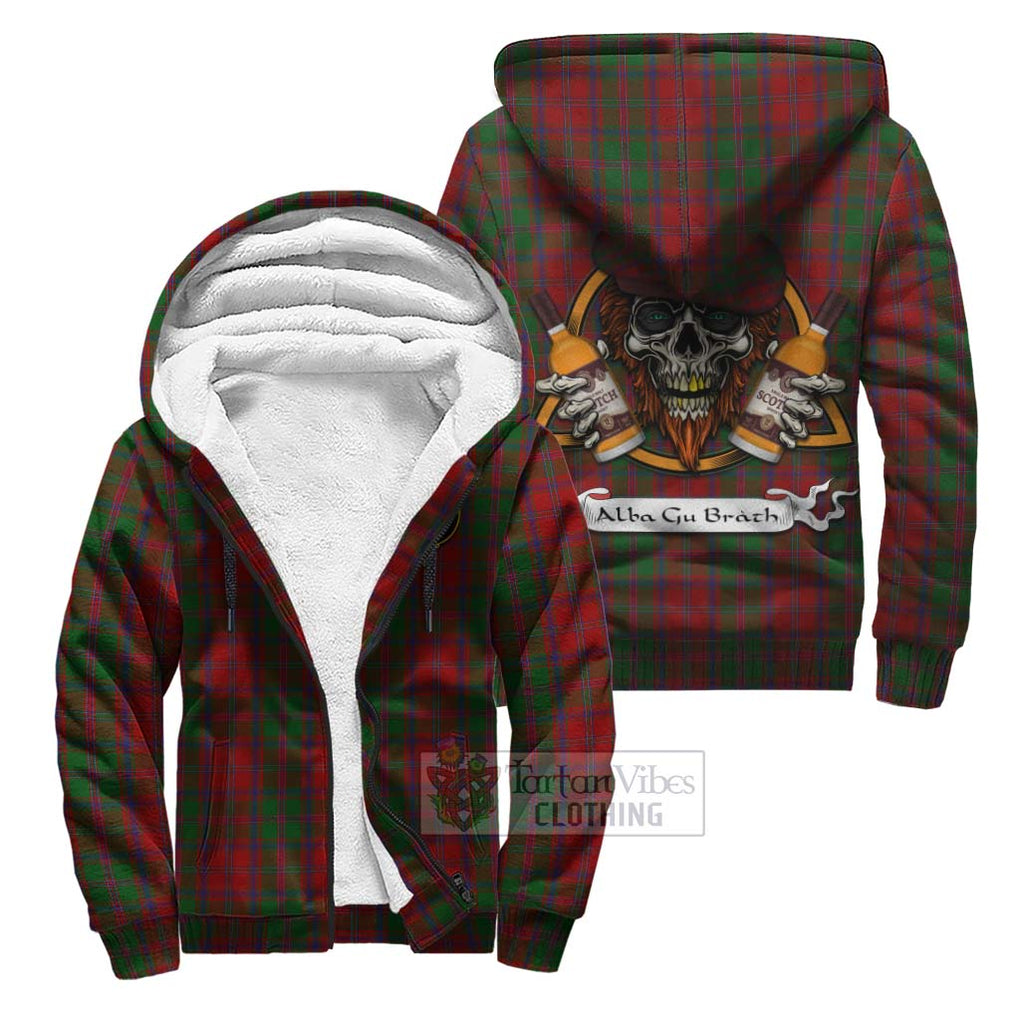 Tartan Vibes Clothing Stewart (Stuart) of Appin Tartan Sherpa Hoodie with Family Crest and Bearded Skull Holding Bottles of Whiskey