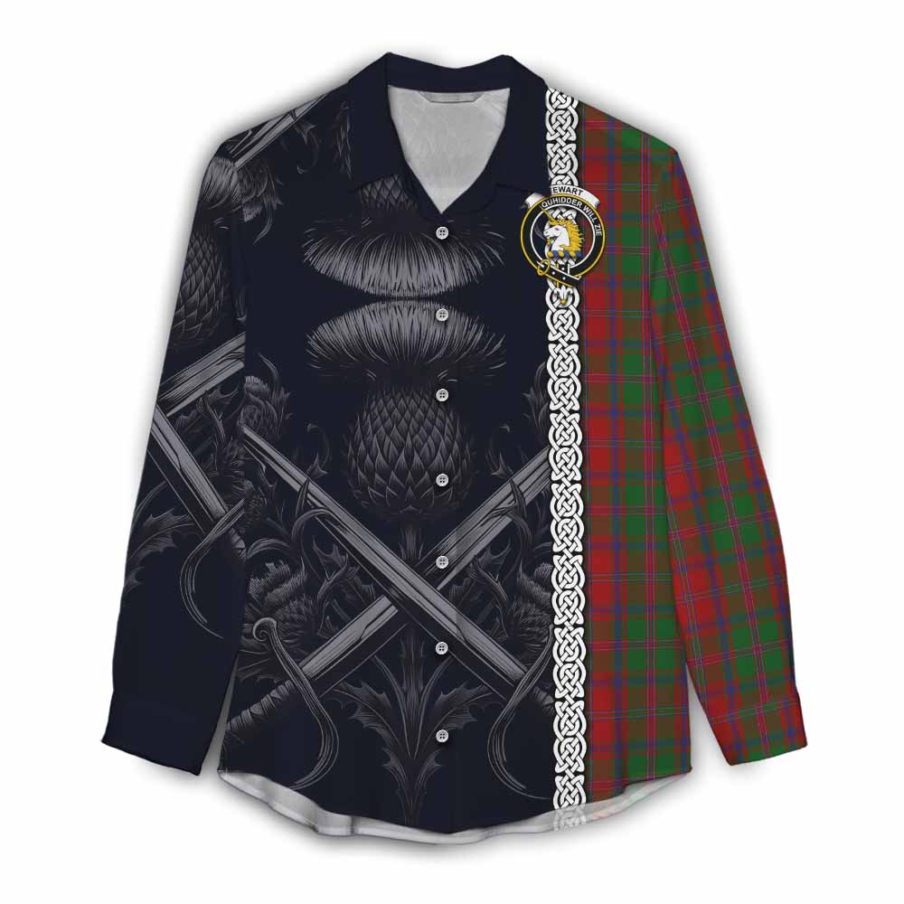 Tartan Vibes Clothing Stewart (Stuart) of Appin Tartan Women's Casual Shirt with Family Crest Cross Sword Thistle Celtic Vibes