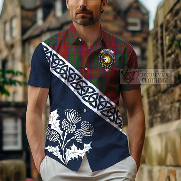 Stewart (Stuart) of Appin Tartan Short Sleeve Button Shirt Featuring Thistle and Scotland Map