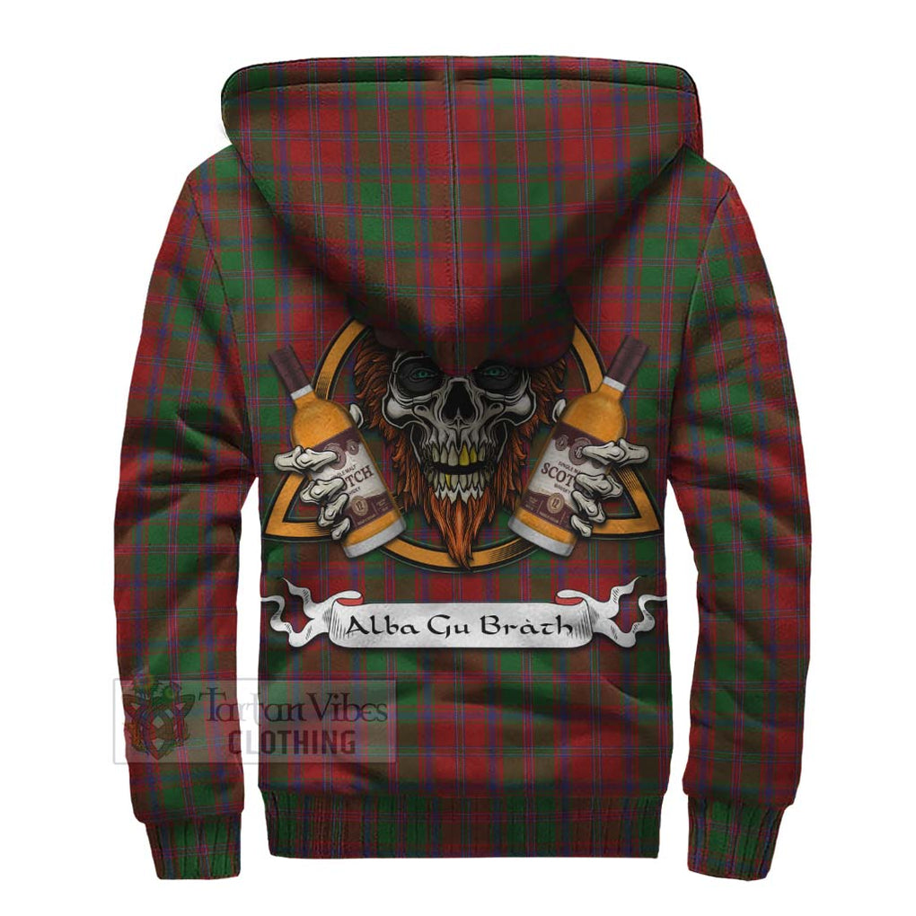 Tartan Vibes Clothing Stewart (Stuart) of Appin Tartan Sherpa Hoodie with Family Crest and Bearded Skull Holding Bottles of Whiskey