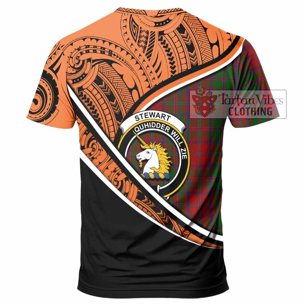 Tartan Vibes Clothing Stewart (Stuart) of Appin Crest Tartan T-Shirt with Maori Tattoo Style - Orange Version