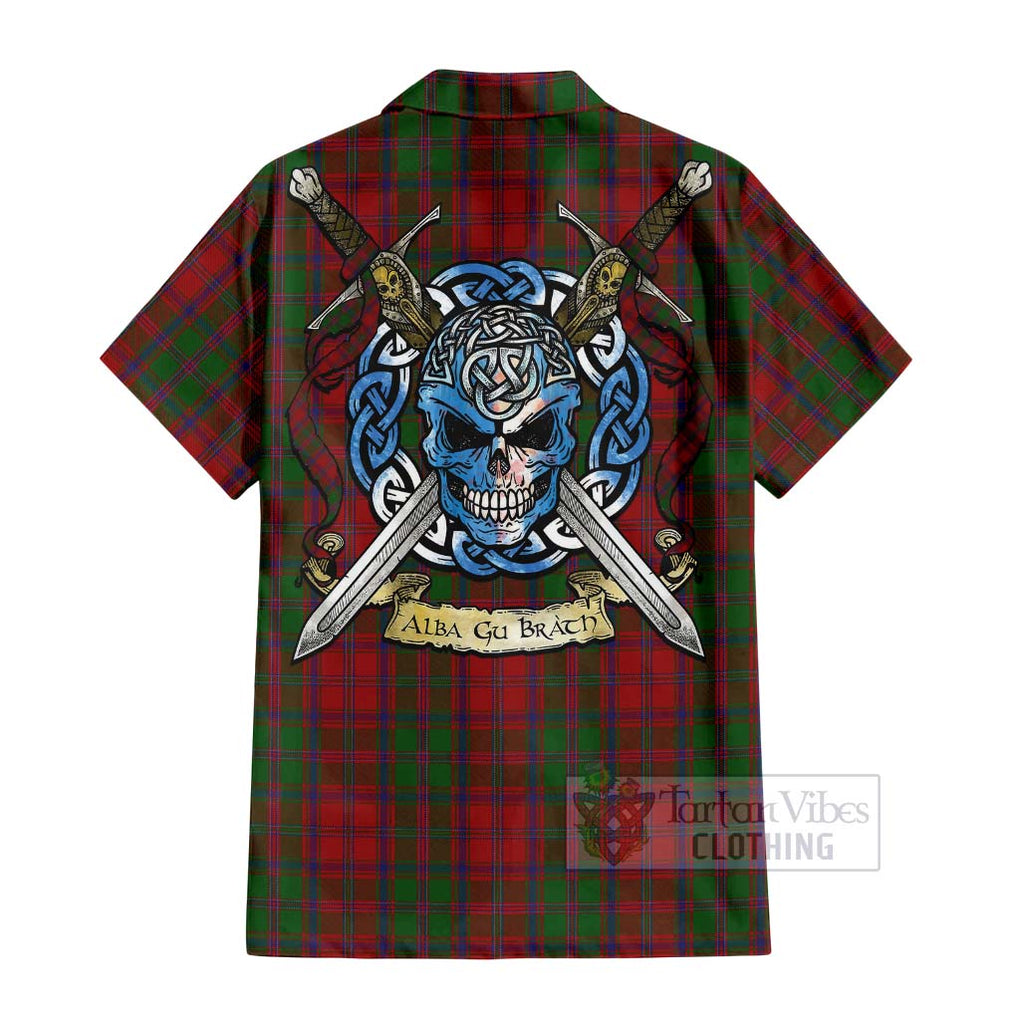 Tartan Vibes Clothing Stewart (Stuart) of Appin Tartan Short Sleeve Button Shirt with Family Crest Celtic Skull Style