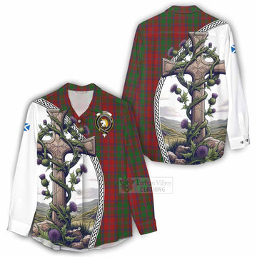 Stewart (Stuart) of Appin Tartan Women's Casual Shirt with Family Crest and St. Andrew's Cross Accented by Thistle Vines