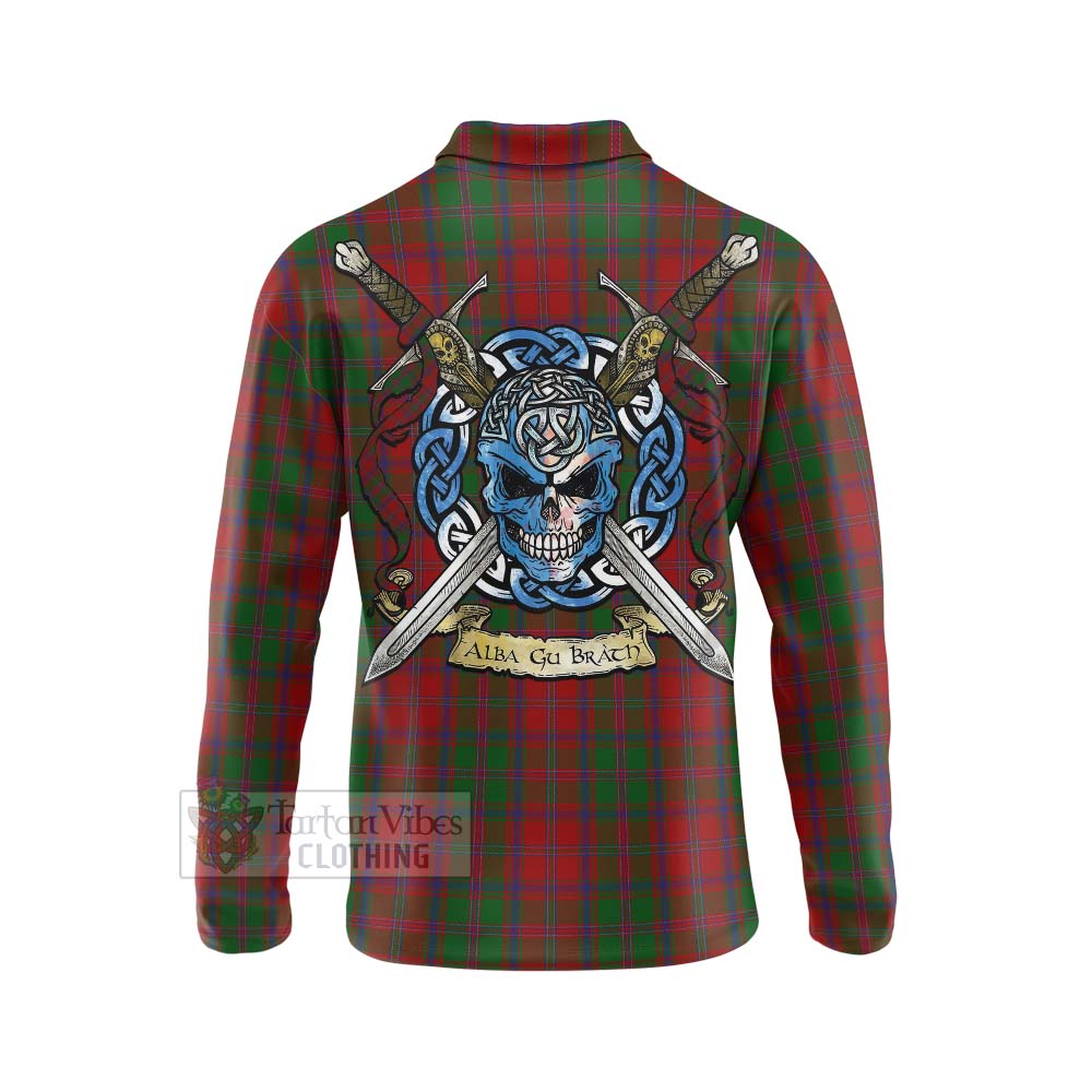 Tartan Vibes Clothing Stewart (Stuart) of Appin Tartan Long Sleeve Polo Shirt with Family Crest Celtic Skull Style