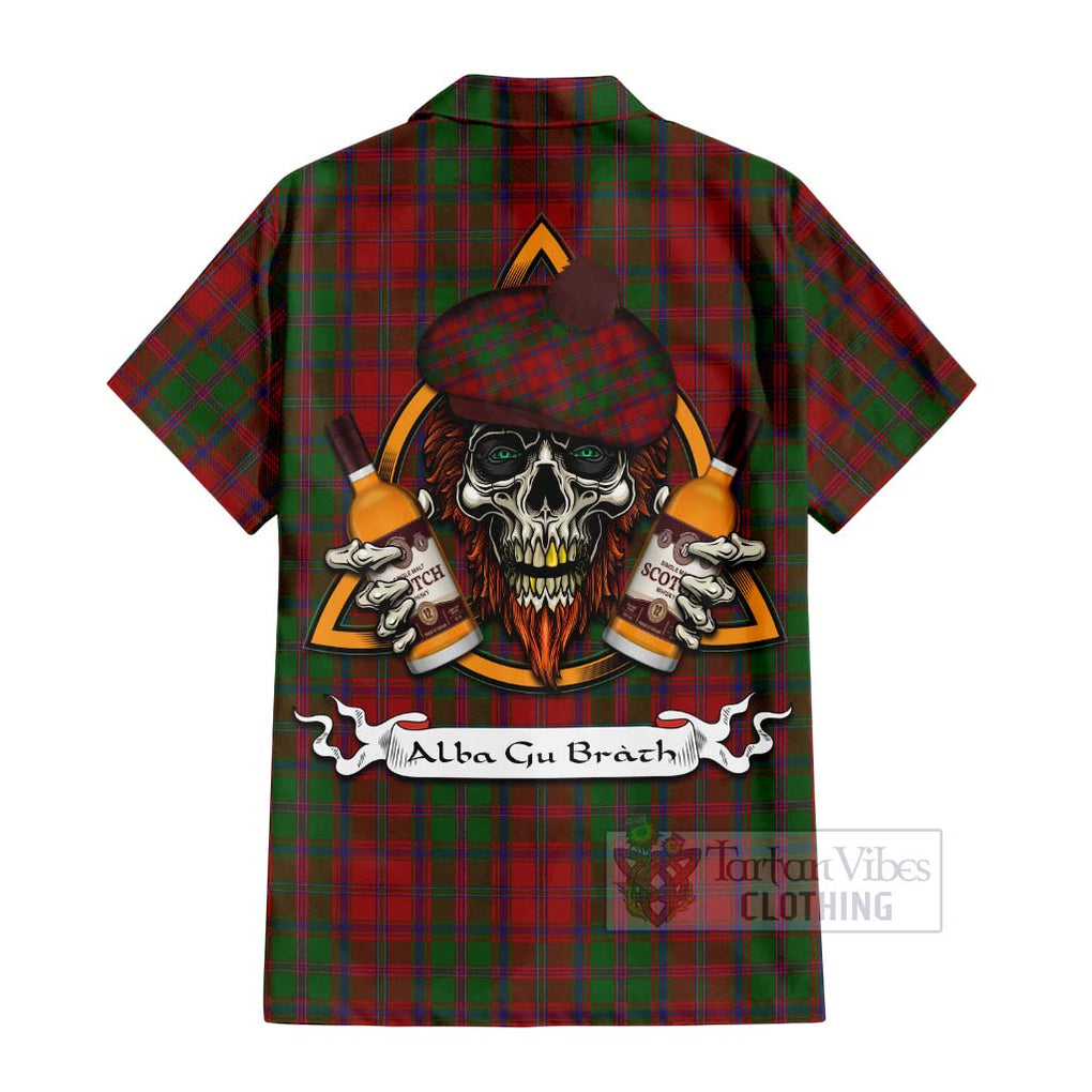 Tartan Vibes Clothing Stewart (Stuart) of Appin Tartan Short Sleeve Button Shirt with Family Crest and Bearded Skull Holding Bottles of Whiskey