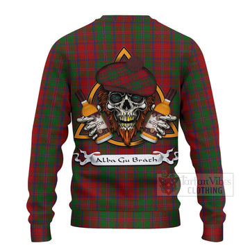 Stewart (Stuart) of Appin Tartan Ugly Sweater with Family Crest and Bearded Skull Holding Bottles of Whiskey