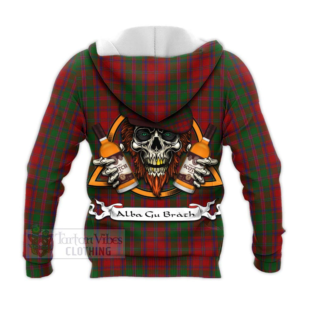 Tartan Vibes Clothing Stewart (Stuart) of Appin Tartan Knitted Hoodie with Family Crest and Bearded Skull Holding Bottles of Whiskey